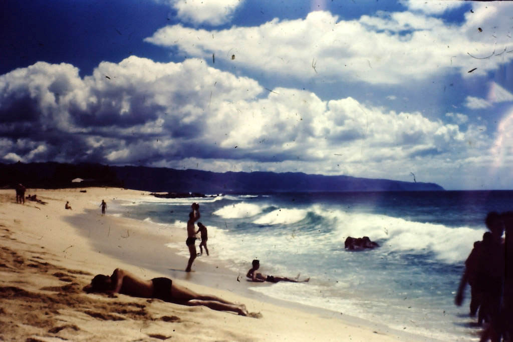 Hawaiian Beach with servicemen, 1945