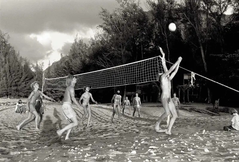 A favorite pastime was nude volleyball, played daily at sunset.'