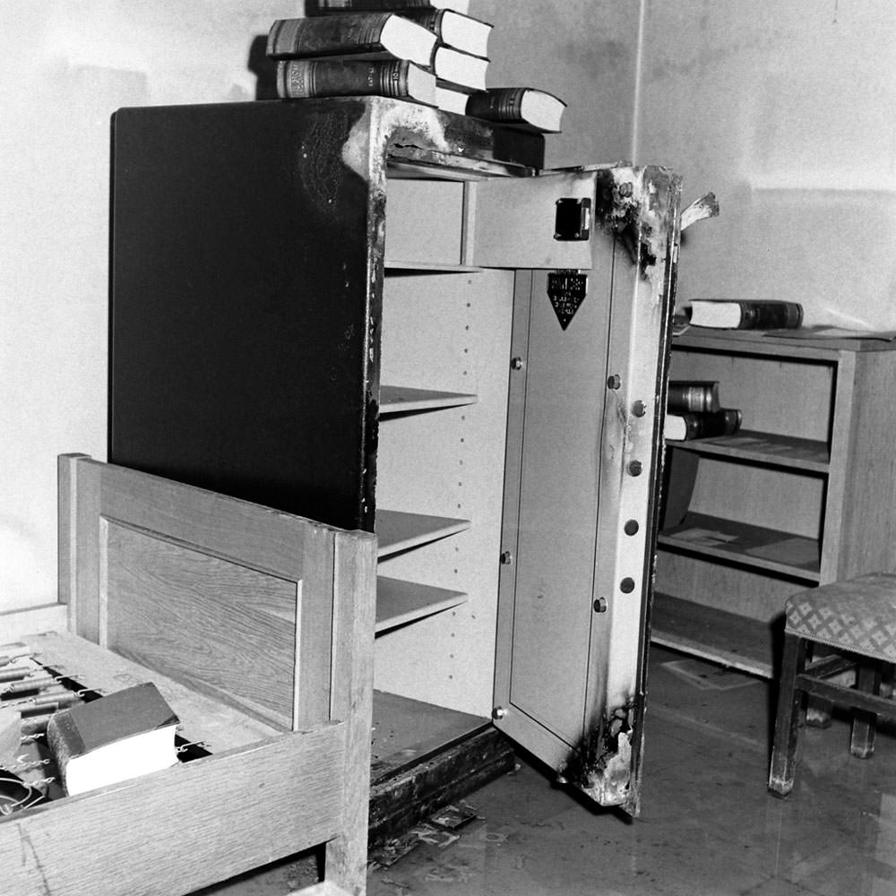 A ruined, empty and likely looted safe inside Hitler's bunker.