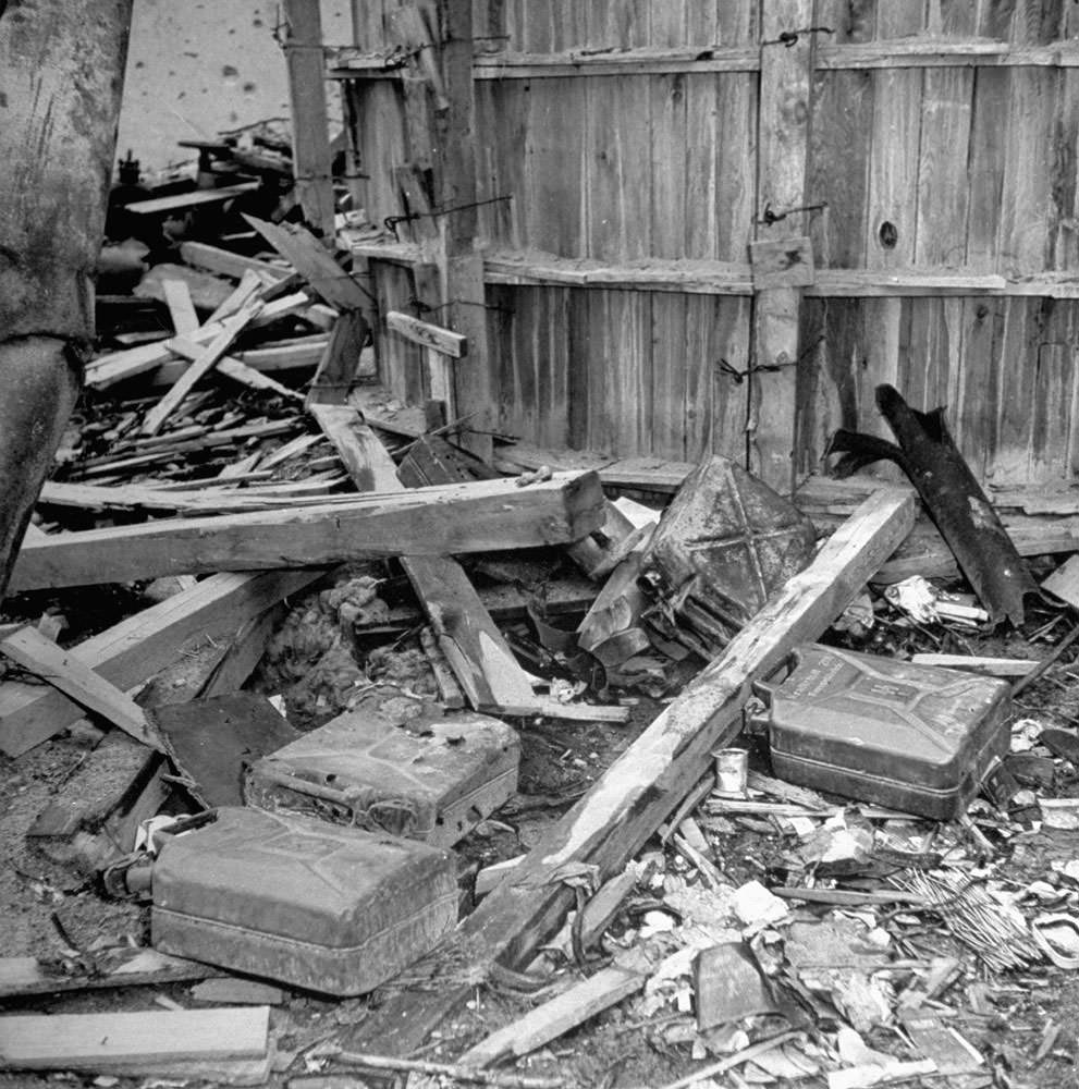 Empty gasoline cans, reportedly used by SS troops to burn the bodies of Hitler and Eva Braun after their suicides in the bunker, Berlin, 1945.