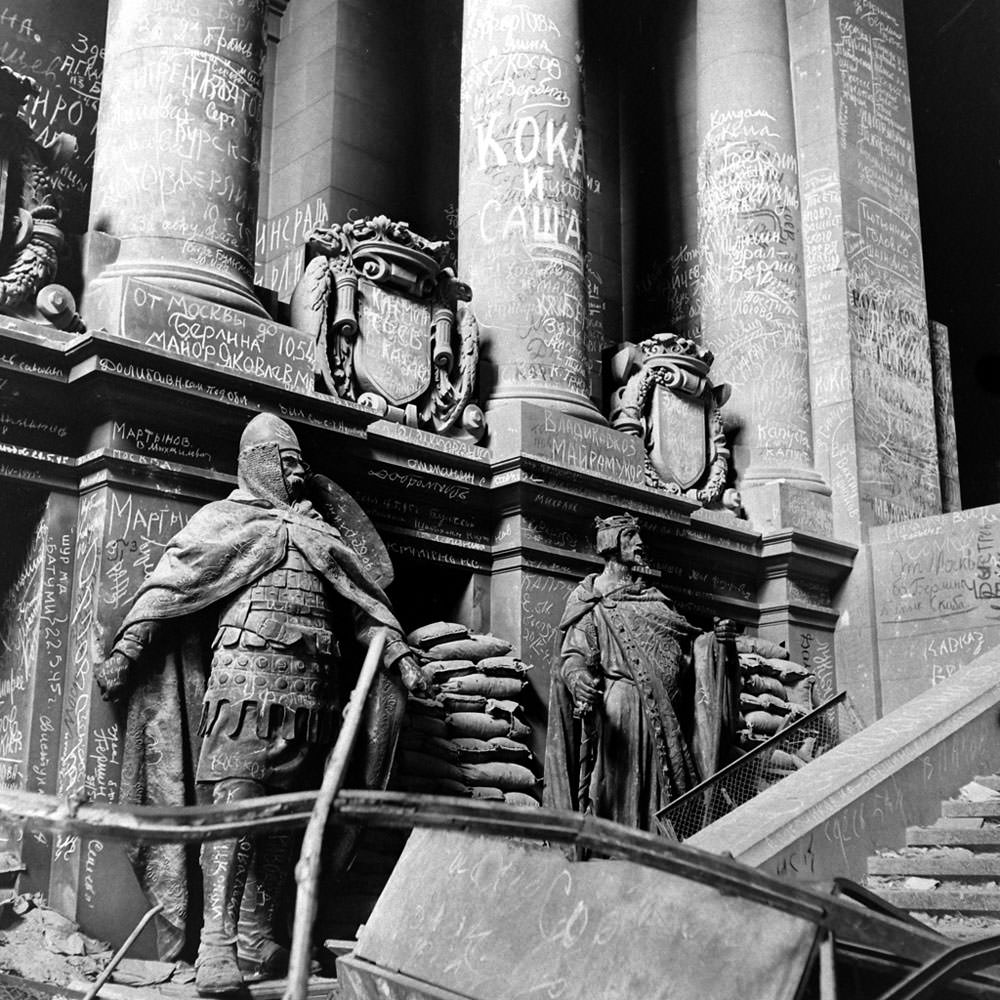 At the Reichstag, evidence of a practice common throughout the centuries: soldiers scrawling graffiti to honor fallen comrades, insult the vanquished or simply announce.