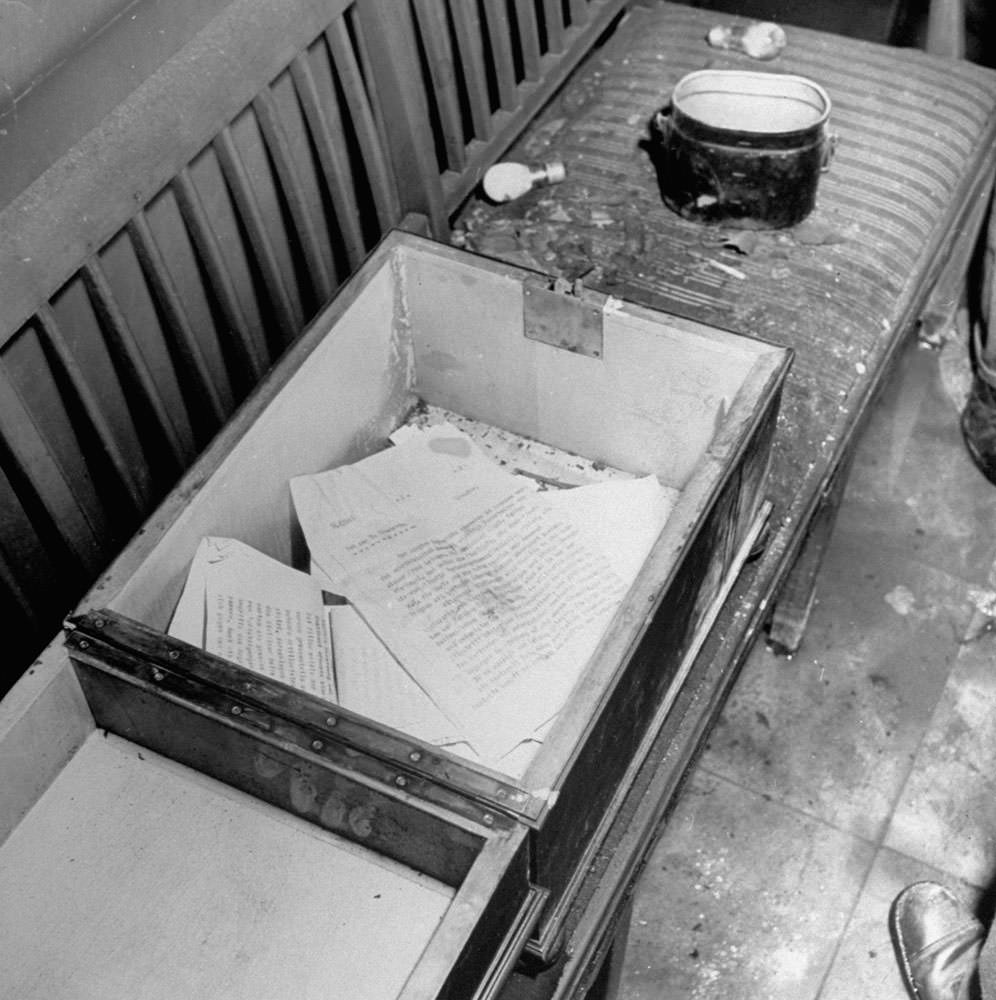 Papers (mostly news reports dated April 29, the day before Hitler and Eva Bruan killed themselves) inside Hitler's bunker, Berlin, 1945.