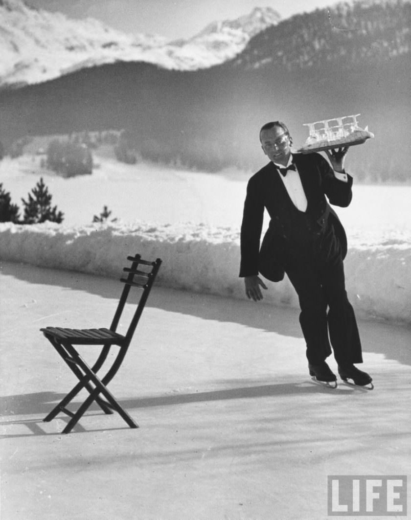 Hilarious Photos of Ice-Skating Waiters Balancing and Falling at Grand Hotel les Bains, Switzerland 1920s