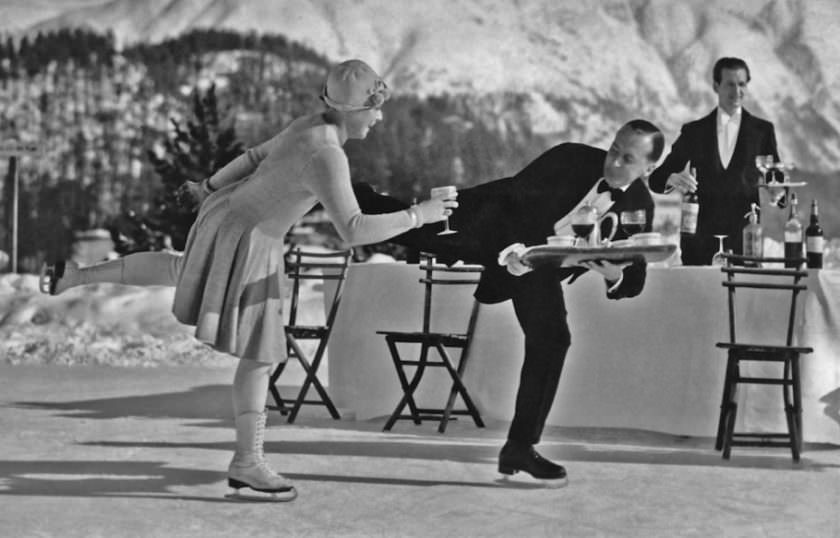 Hilarious Photos of Ice-Skating Waiters Balancing and Falling at Grand Hotel les Bains, Switzerland 1920s