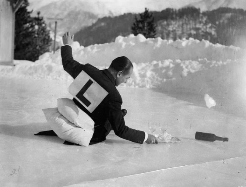 Hilarious Photos of Ice-Skating Waiters Balancing and Falling at Grand Hotel les Bains, Switzerland 1920s