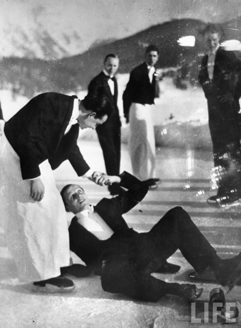 Hilarious Photos of Ice-Skating Waiters Balancing and Falling at Grand Hotel les Bains, Switzerland 1920s