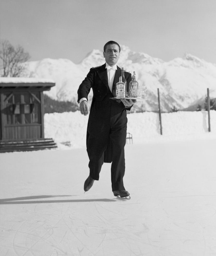 Hilarious Photos of Ice-Skating Waiters Balancing and Falling at Grand Hotel les Bains, Switzerland 1920s