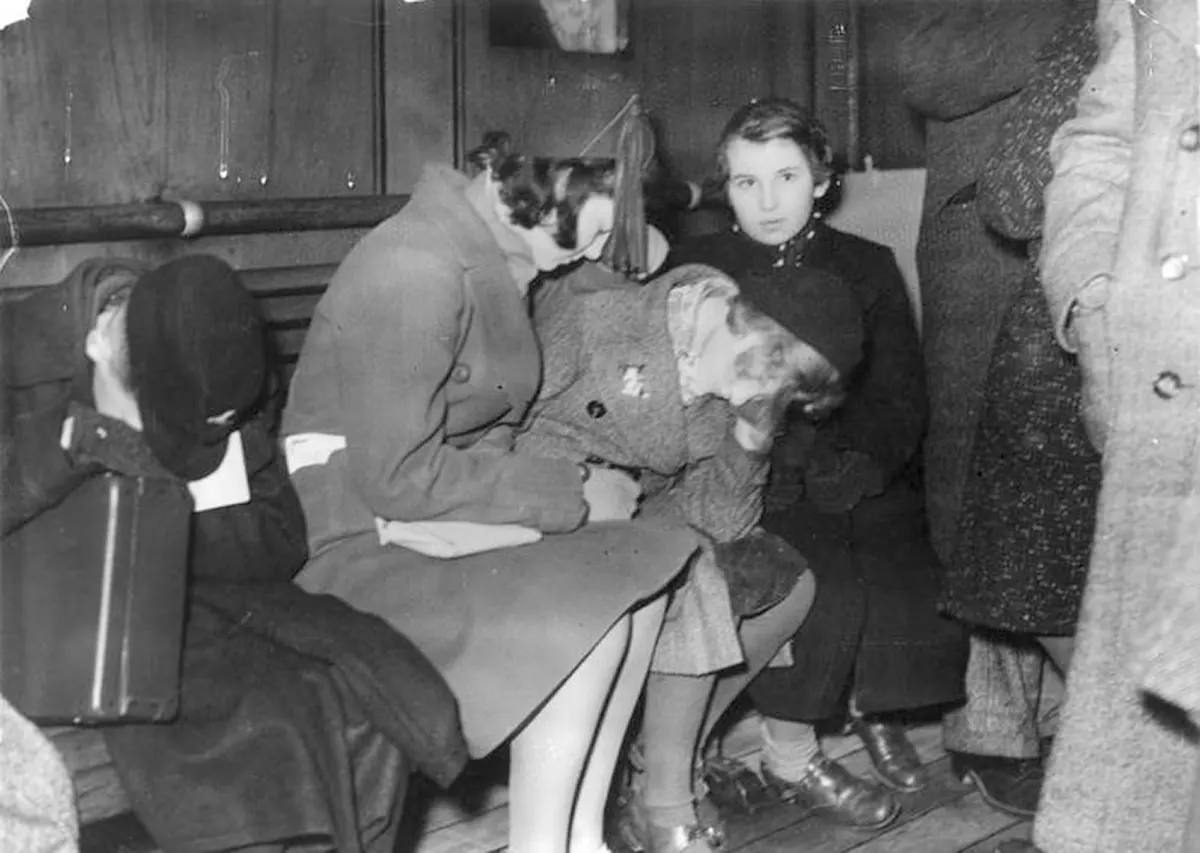 Young refugees of the first Kindertransport after their arrival at Harwich, Essex, in the early morning of 2 December 1938.