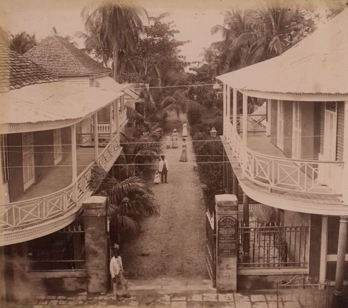 Entrance gates and avenue of Marine Gardens. Figures can be seen along the avenue, 1870s