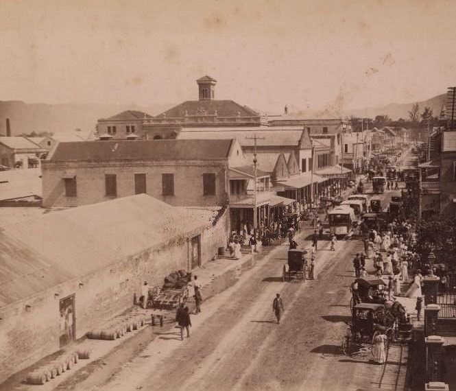 Lively street scene taken from above. Street full of people and vehicles, 1870s