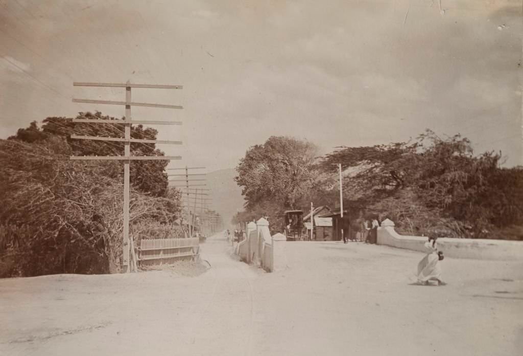 Rails laid down for mule-drawn trams criss-cross a road bridge flanked by telegraph poles at Kingston, 1894