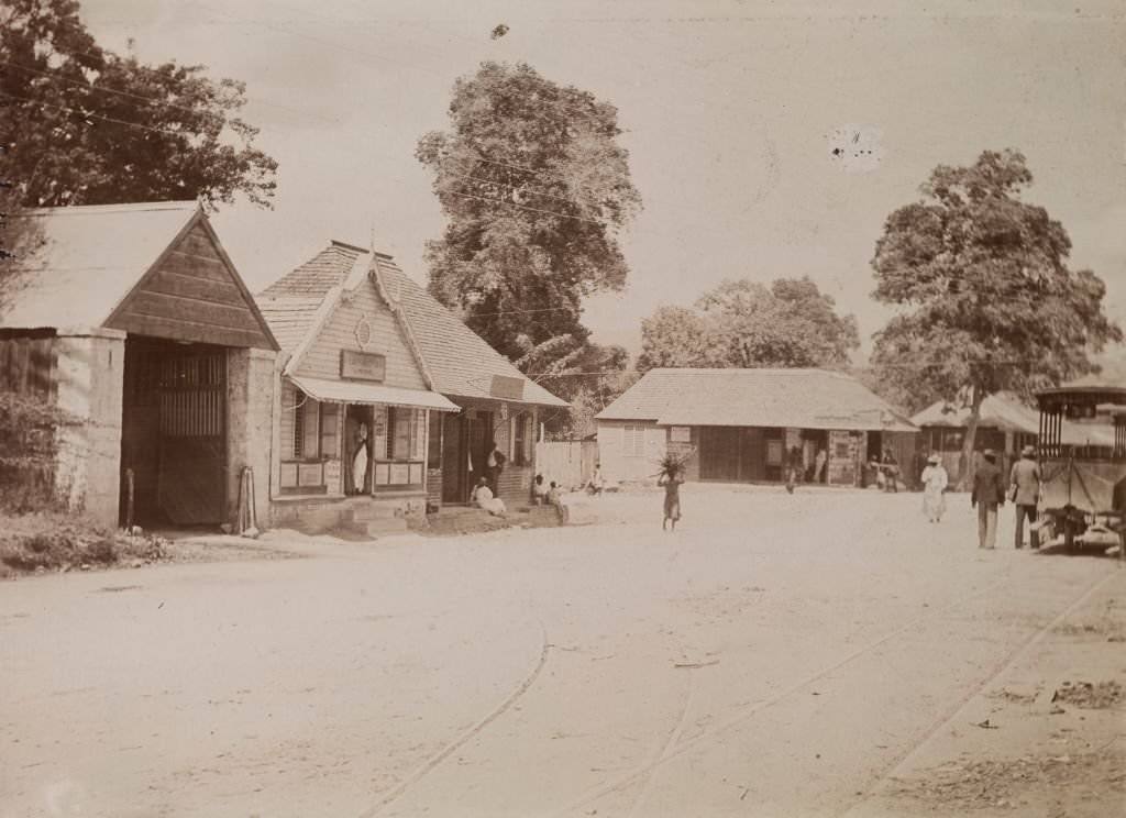 Rails laid down for mule-drawn trams criss-cross a wide, empty road outside a building identified as: 'Jamaica Street Car Co. Limited' at Kingston, 1894