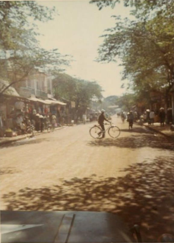 Looking down the main street in the city of Bồng Sơn in South Vietnam during the Vietnam War