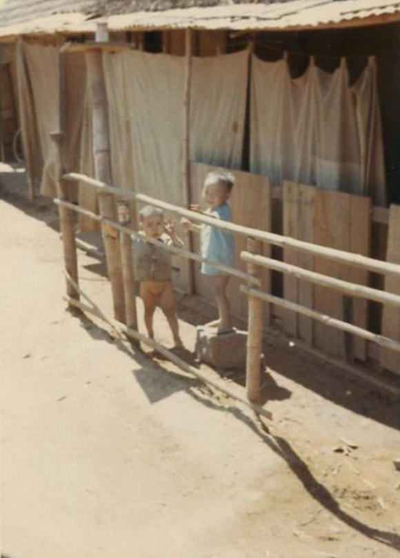 Two Vietnamese toddler boys, not wearing pants, standing along a bamboo fence in South Vietnam.