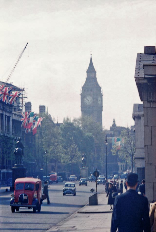 View down Whitehall from Trafalgar Square (including Big Ben), 1958