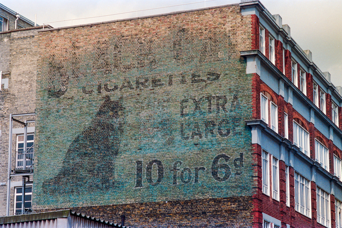 Black Cat Cigarettes, Advertising, flats, Hackney, 1986