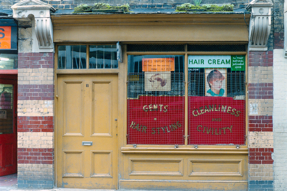 Gents, Hair Stylist, 11, White’s Row. Spitalfields, Tower Hamlets, 1986