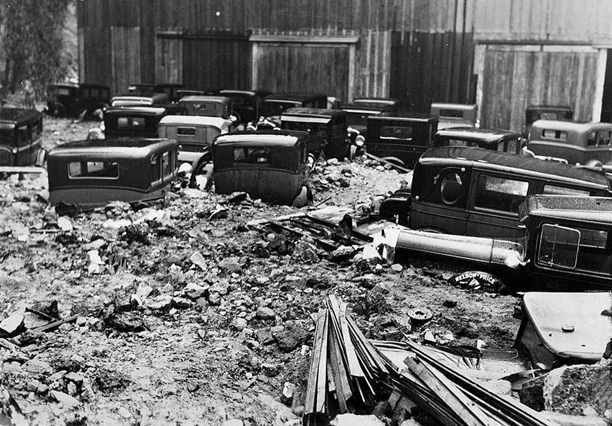 Cars marooned outside Bohemian Gardens at 3890 Mission Road, East Los Angeles, 1934