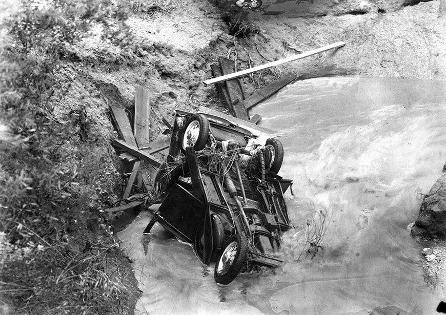 Five people drowned when this car and Rush Avenue bridge was swept into the Alhambra Wash, near the present-day Whittier Narrows Recreation Area, 1934