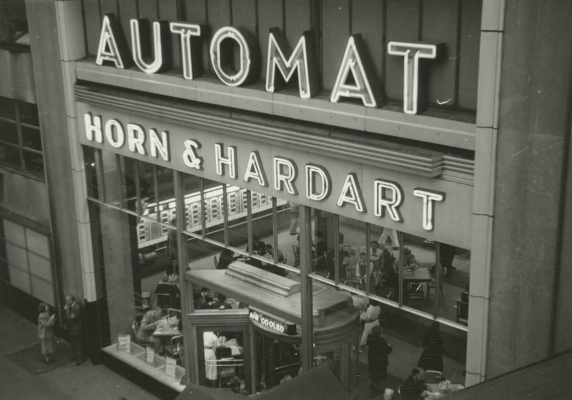 Facade of Automat Horn & Hardart fast food restaurant taken from Third Avenue El platform at 42nd Street and Third Avenue.