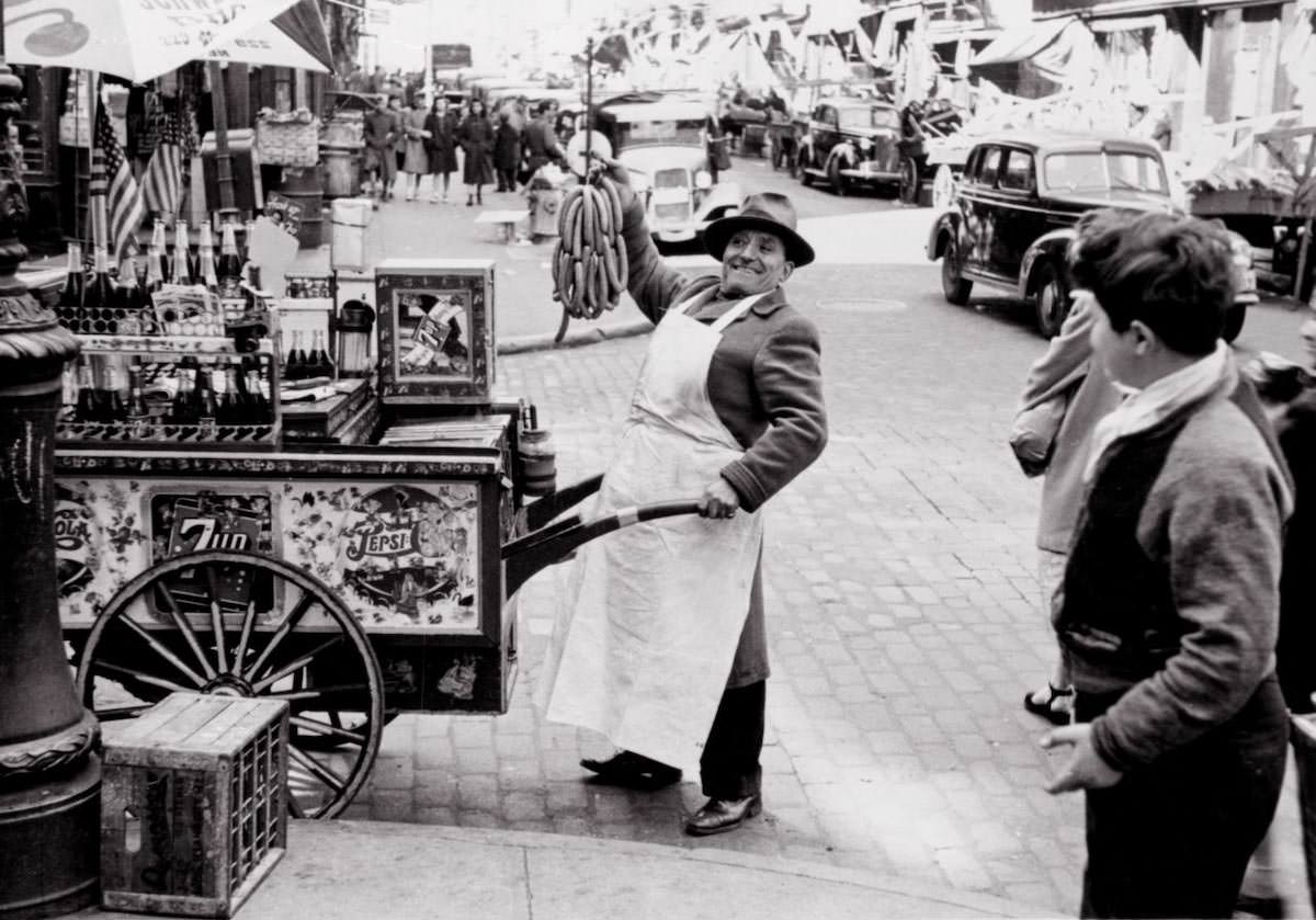 Reverend Frank Compitiello with lunch cart at Grand and Mulberry Streets, 1947