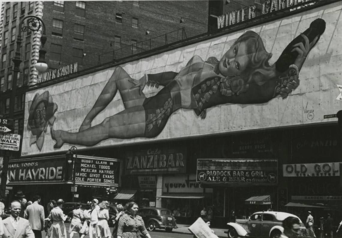 Billboard advertisement with winter garden sign in lights in Times Square.