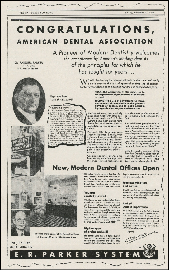 Advertisement that appeared in the AJO-DO in 1931 about Painless Parker and the E. R. Parker System.