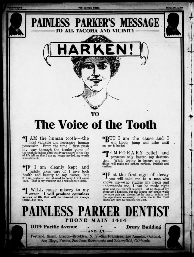 Full page newspaper ad for the West Coast dental practice of Painless Parker, 1916.