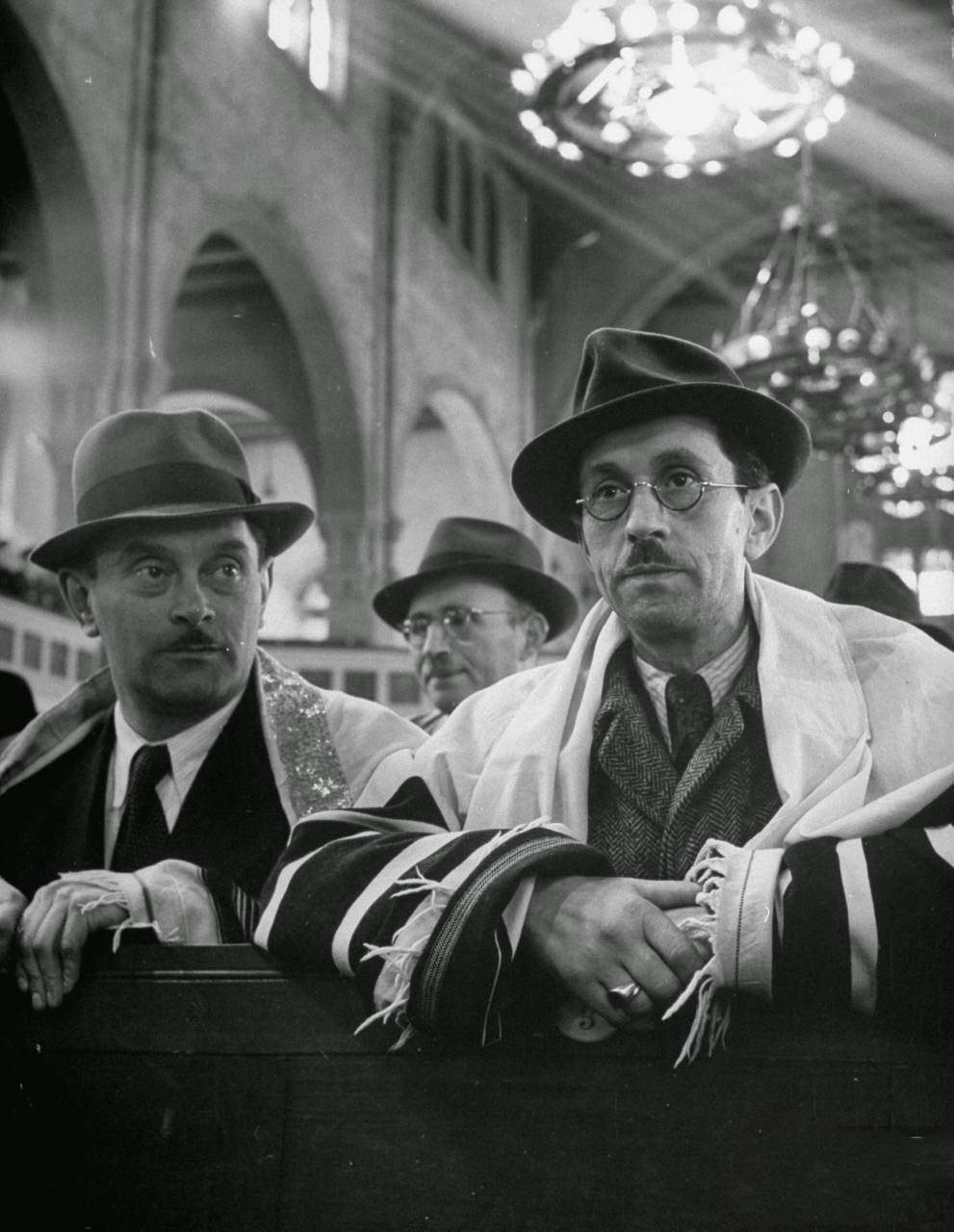 Jewish men attending the synagogue during Passover.