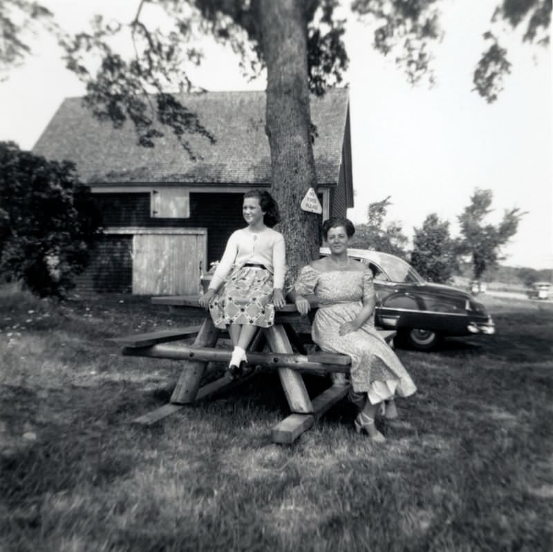 Two stylish ladies, possibly mother and daughter, posing on a picnic table in the countryside, 1955