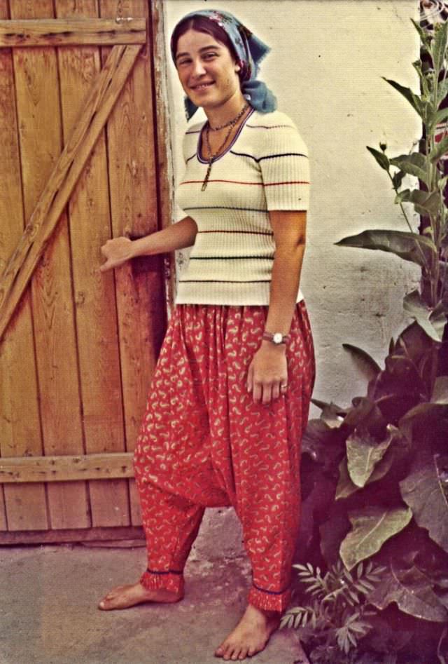 Catherine wearing shalvar, Polyanovo, Bulgaria, 1976