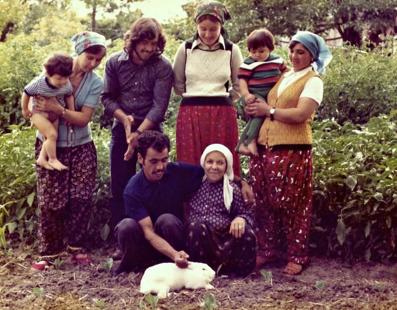 Catherine, family photo with rabbit, Polyanovo, Bulgaria, 1976