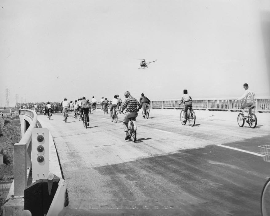 Bicyclists at opening of Guadalupe Freeway, 1960