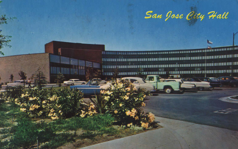 Front of postcard shows San Jose City Hall on a beautiful day in 1963.