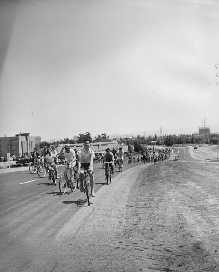 Bicyclists at opening of Guadalupe Freeway, 1960s