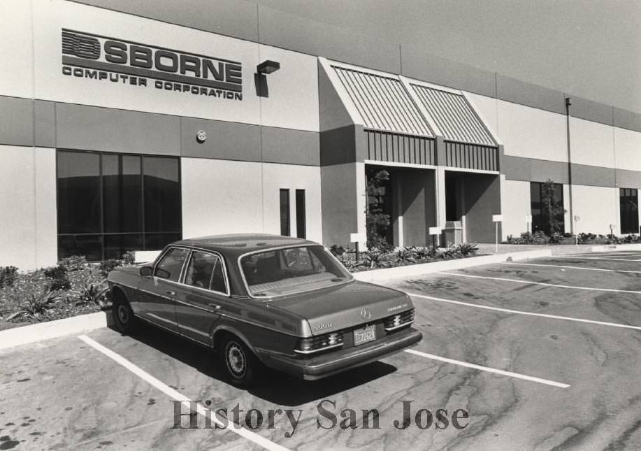 Adam Osborne's Mercedes in front of company offices, 1983