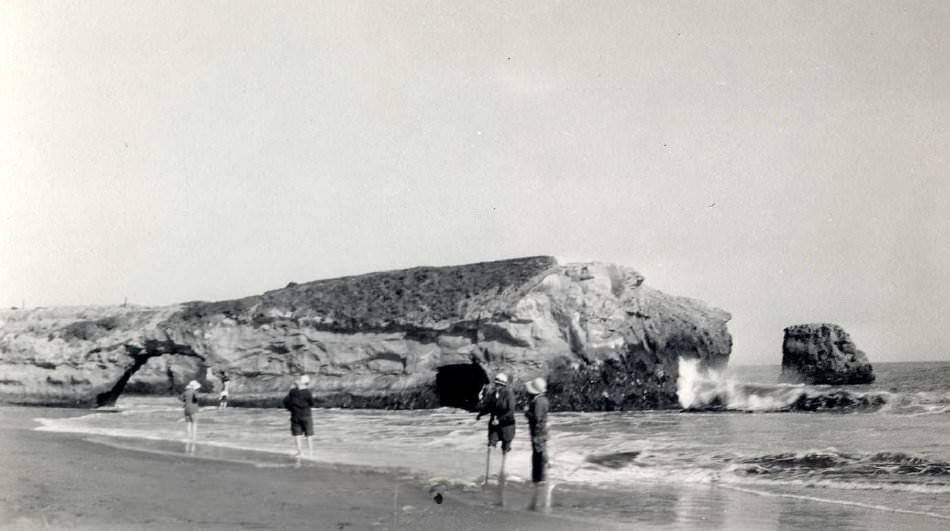 Pathfinders at Vill-del -Leau - beach area with rock outcropping in background, 1926