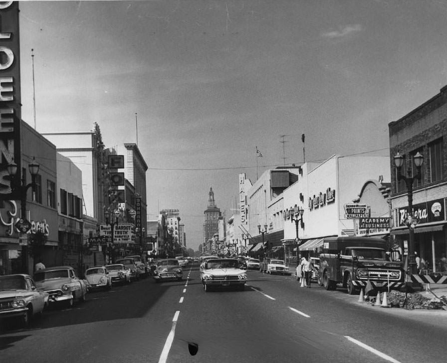 Looking north on South First Street near the Fox Theatre, San Jose, 1960