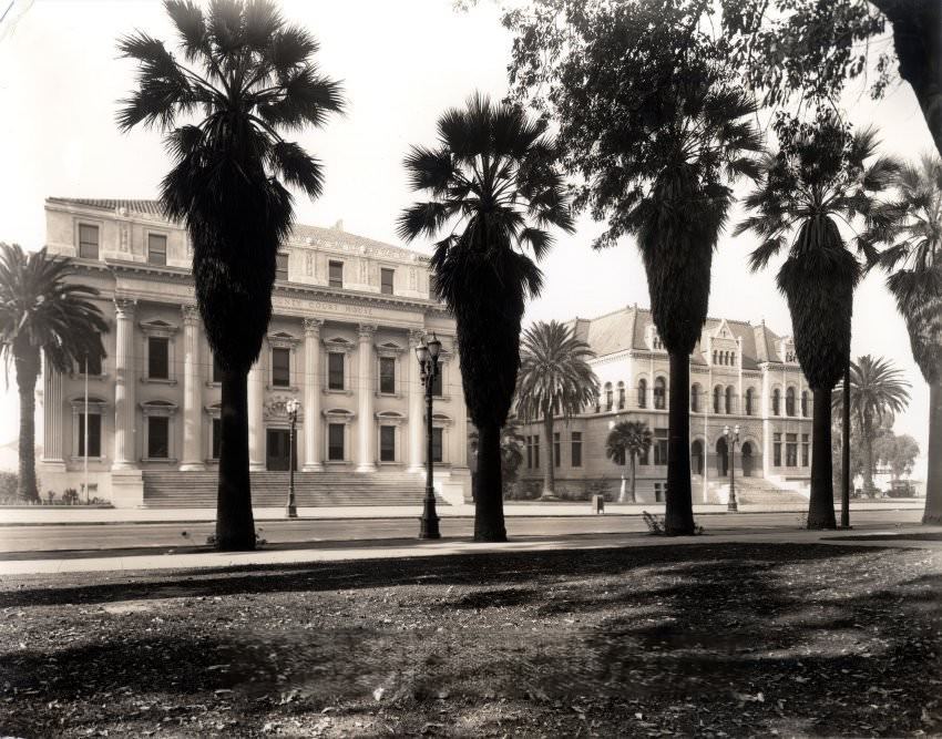 The Santa Clara County Courthouse and Hall of Records, located on North First Street between St. John Street and St. James Street, 1970s