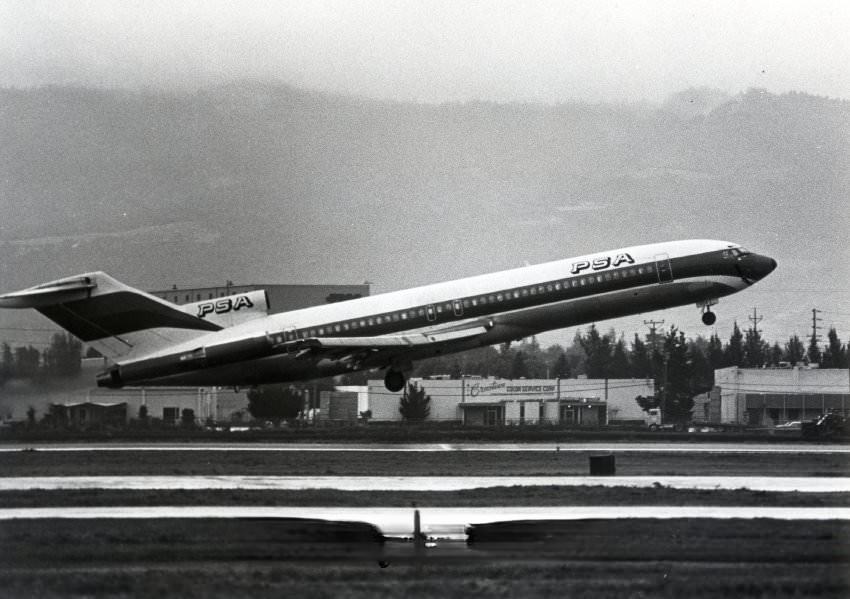 San Jose Airport, PSA airline jet taking off, 1980