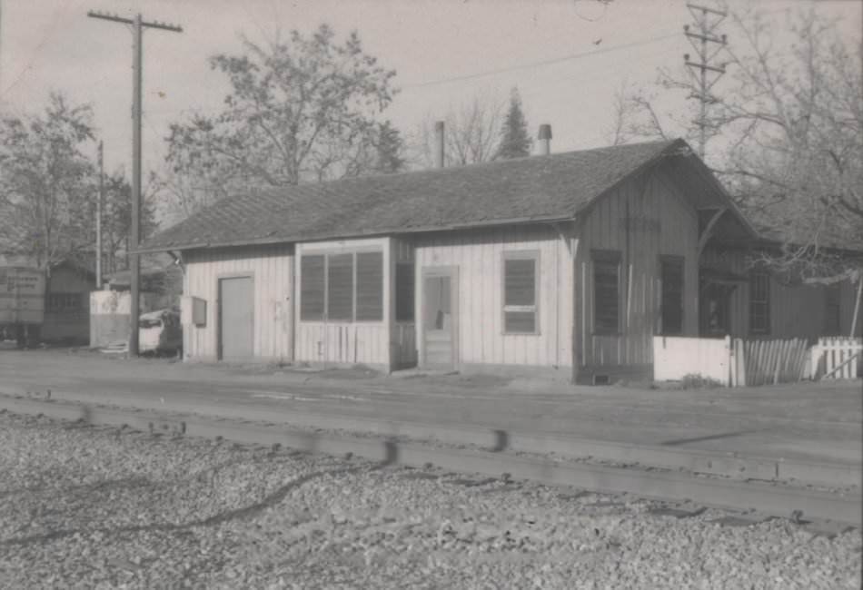 This little board and batten railroad station at Coyote is the only one of it kind remaining between San Jose and Watsonville, 1975