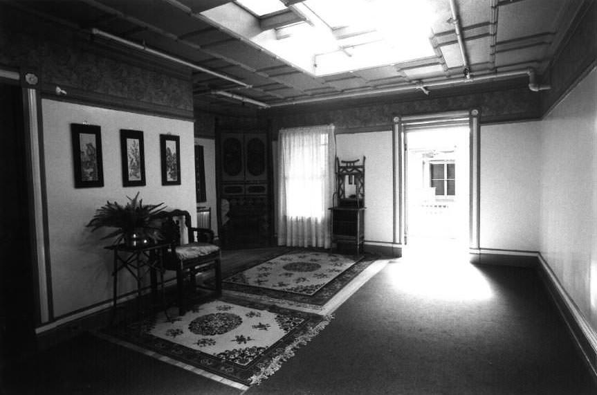 Series of five professional images of staircases and hallways inside the Winchester Mystery House, 1979