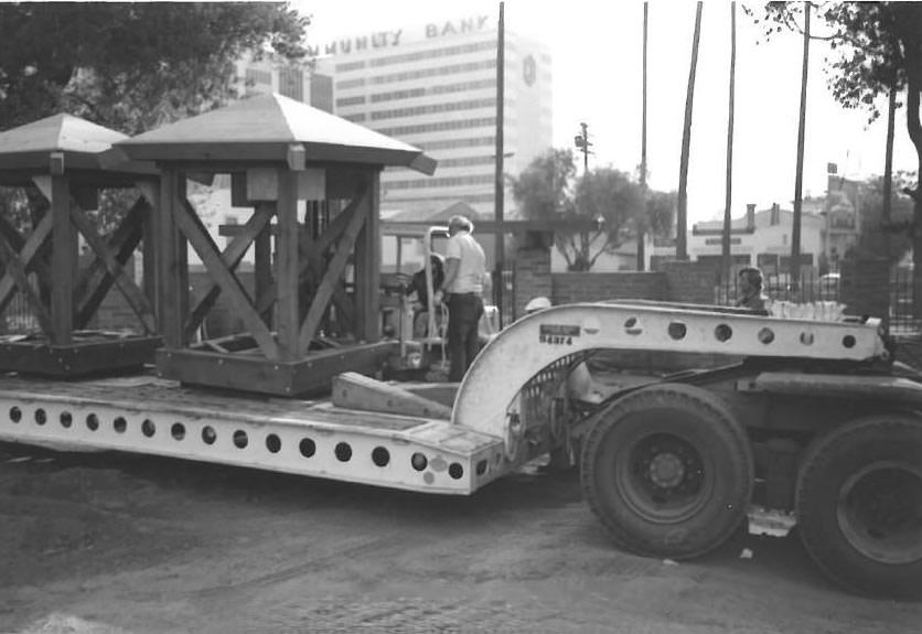 Arrival of the kiosks on flat bed truck for installation at Pellier Park, 1976