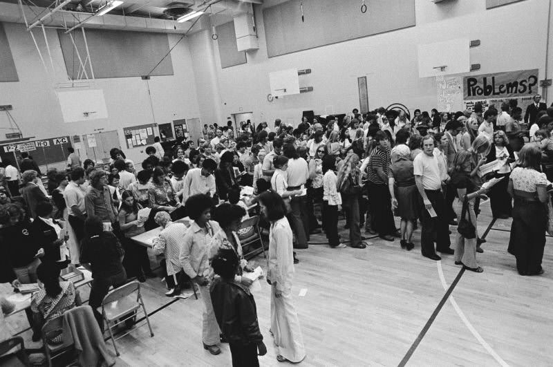 Students lining up to register for classes at San Jose State College in the early 1970s.