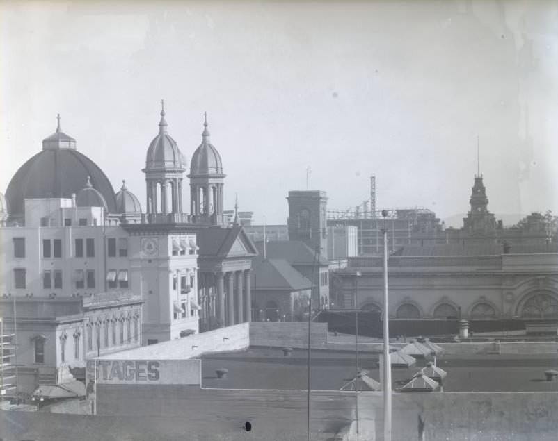 Downtown San Jose from Wyckoff's offices, including St. James, the old Post Office (later library and San Jose Museum of Art), as well as the City Hall, 1920s