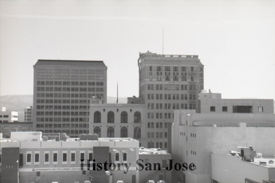 Looking west towards De Anza Hotel from top of parking lot at San Pedro and Saint John Streets, San Jose, 1988