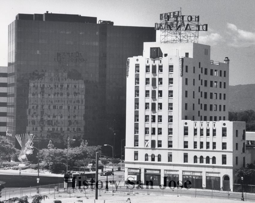 Looking west at De Anza Hotel from top of parking lot at San Pedro and Saint John Streets, San Jose, 1988