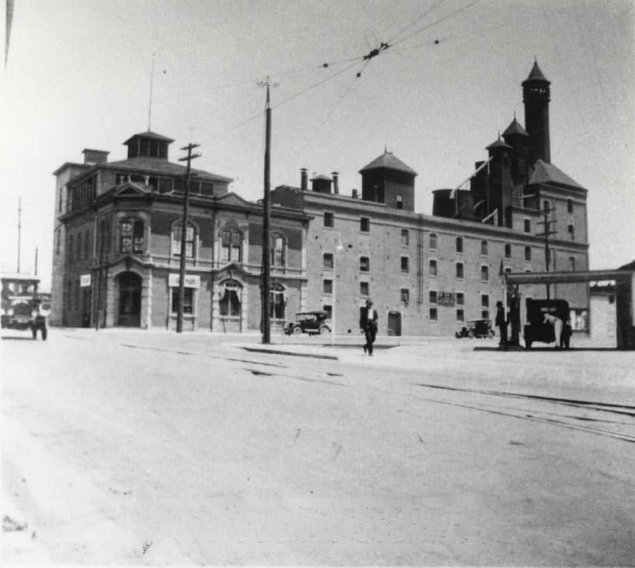 Eagle Brewery with gas station, 1920