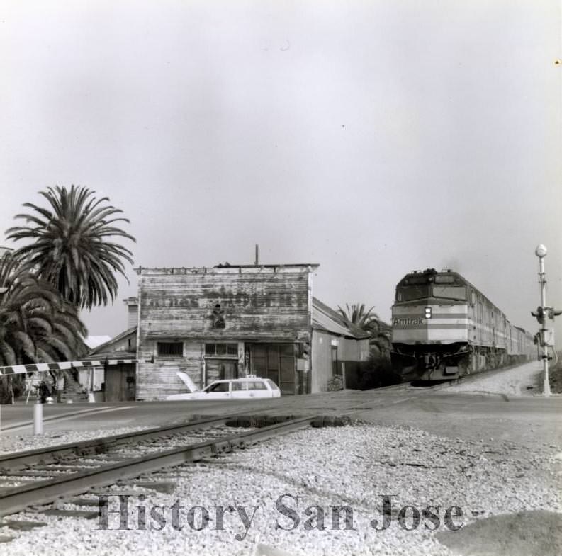 Amtrak train at Alviso crossing, 1980