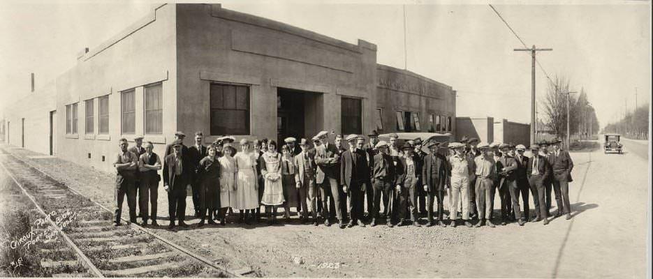 Muirson Label Company employees standing in front of the Muirson building located at 435 Stockton Avenue, 1923